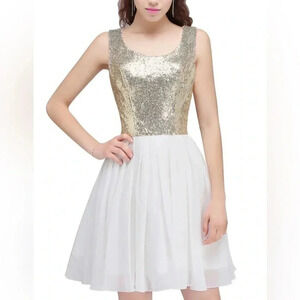 🆕B.Darlin A-Line Scoop Short Gold Sequin Ivory Dress 3/4🆕